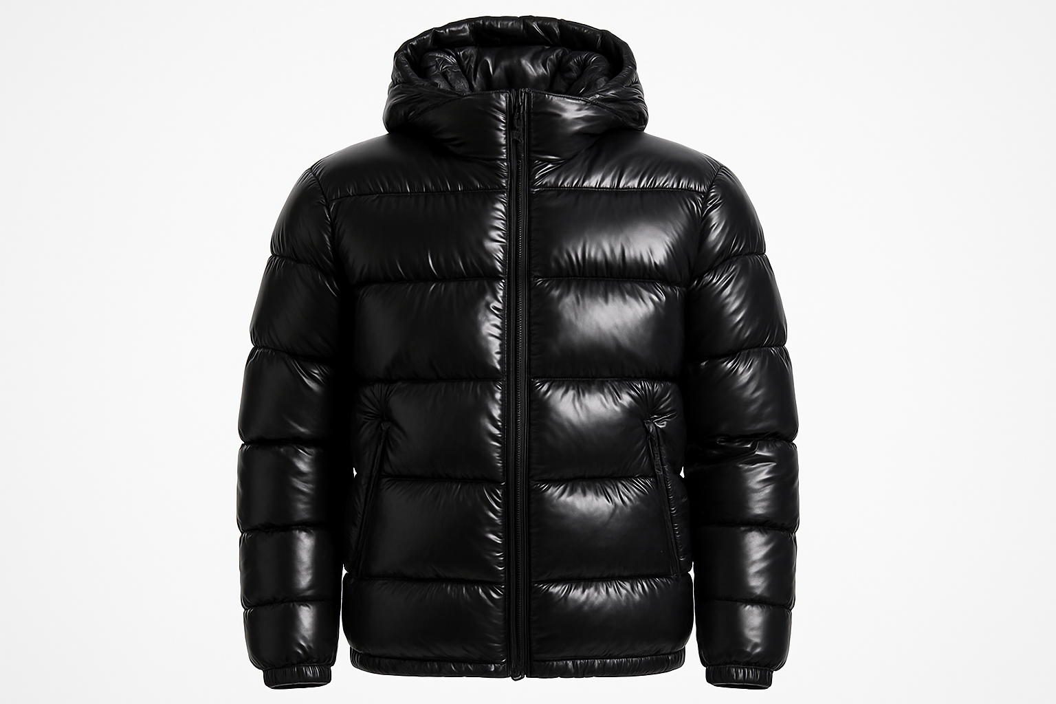 black puffer jacket glänzenden stoff on invisible mannequin, isolated on clean white background, high quality e-commerce product photo, studio lighting, sharp details --ar 1:1 --v 6 --q 2 --style raw