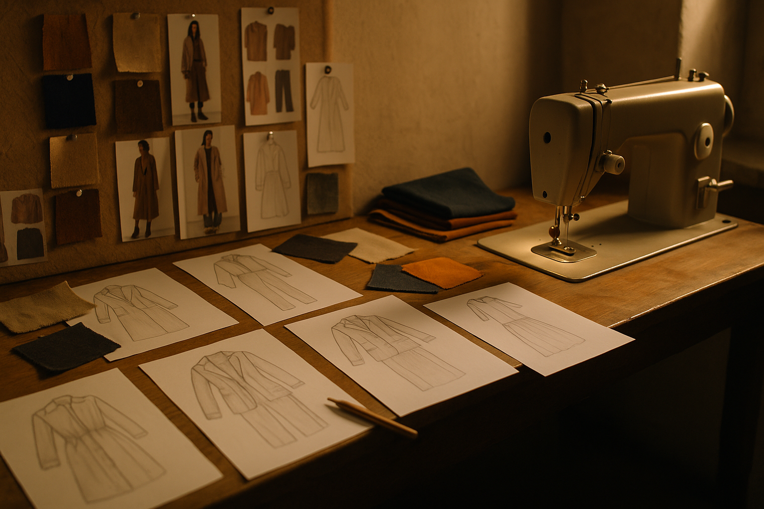 clothing design mockups and sketches spread out on a creative studio desk, sewing machine nearby, fabric samples and moodboard on the wall, cozy warm light, cinematic photography, startup fashion brand atmosphere --ar 16:9 --v 6 --q 2 --style raw