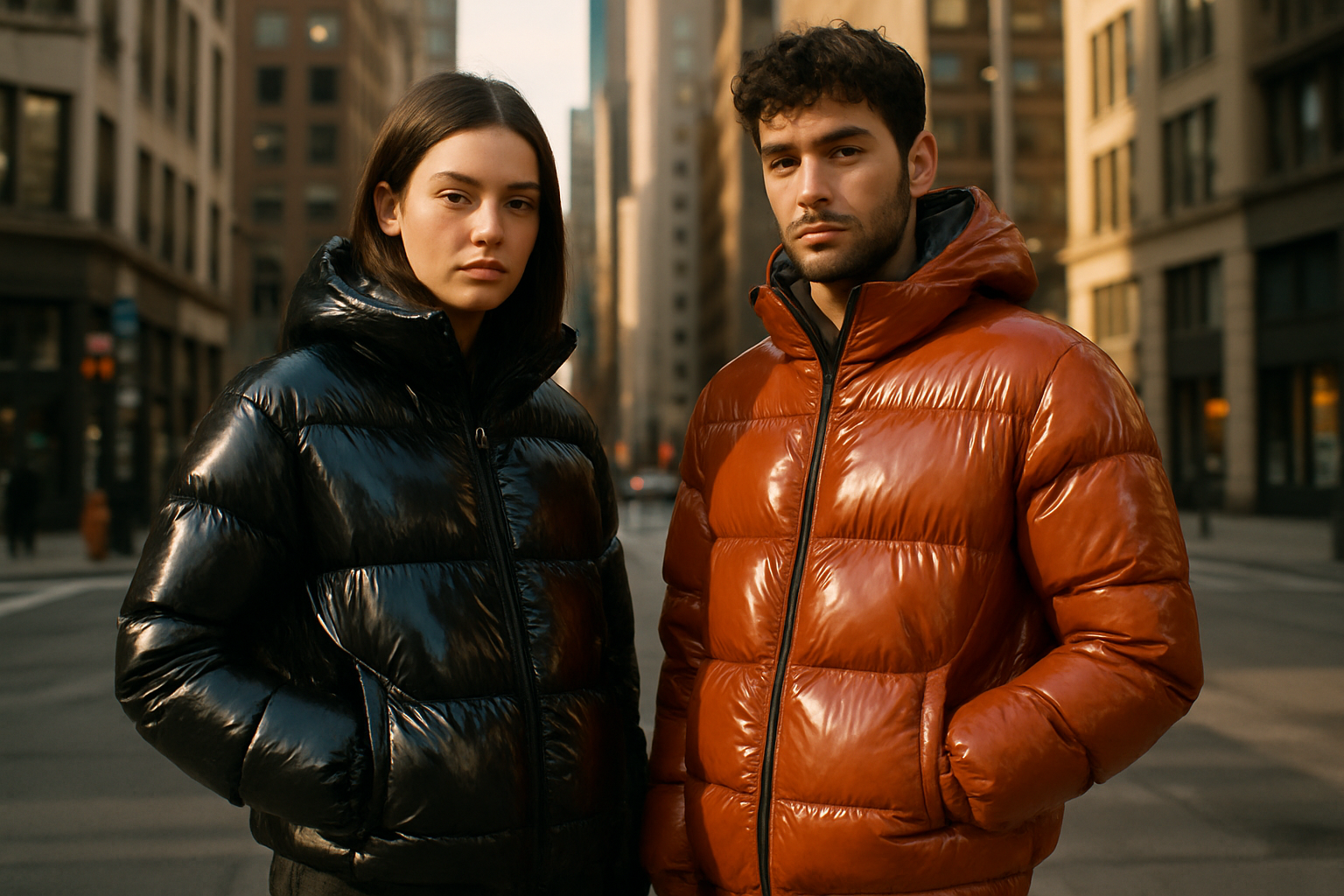 Modernes Streetwear-Shooting in einer Großstadt, junger Mann und junge Frau tragen Puffer Jacke die glänzenden stoff hat, urbaner Hintergrund stadt mässig, natürlicher Look, herbstliches Licht