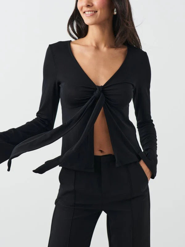 ELVA | Tie-Front Long Sleeve – Damen Langarm-Top mit Bindeknoten