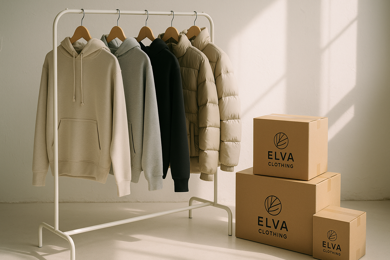 a small clothing rack with a few hoodies and puffer jackets in a minimalist studio, cardboard shipping boxes with Elva Clothing logo, startup fashion vibe, natural daylight, authentic product photography --ar 16:9 --v 6 --q 2 --style raw