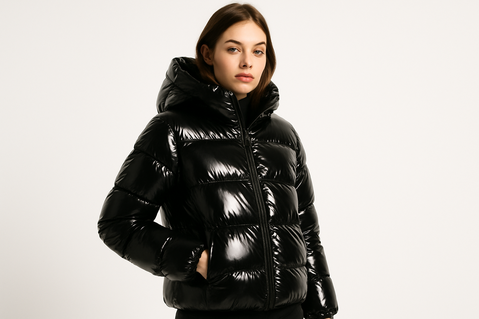 erstell ein bild mit weiblichen frau mit weißen hintergrund die trägt eine schwarz puffer jacke die glänzend ist 
